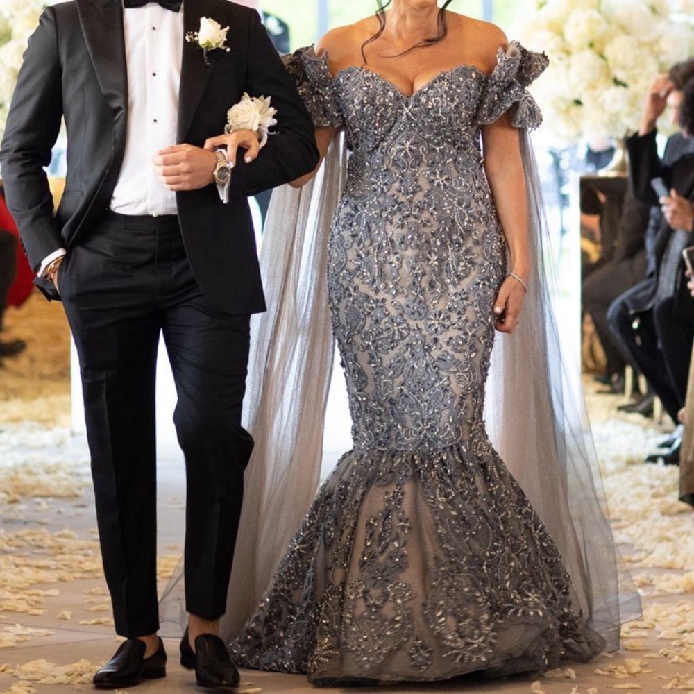 Slate Blue Stephen Yearick Beaded Evening Gown